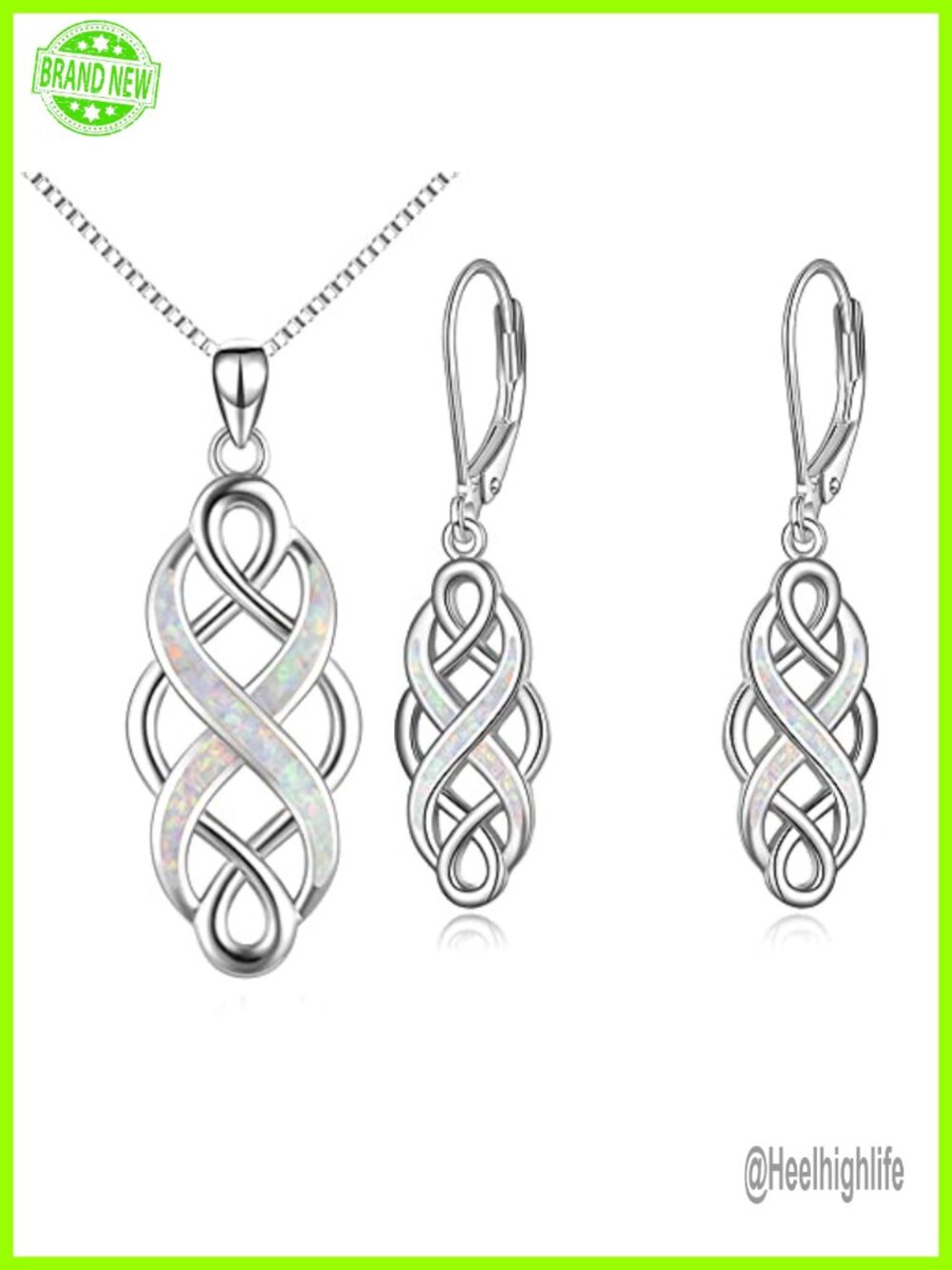 Celtic Knot Created Opal Pendant Necklace Earrings Set Sterling Silver CZ